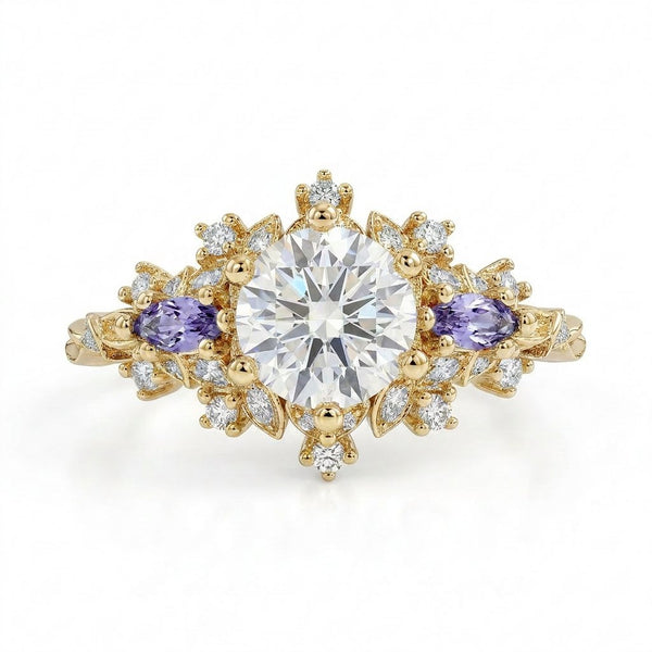 Rilaswen ring with round moissanite center stone and two smaller accented stones in elegant setting