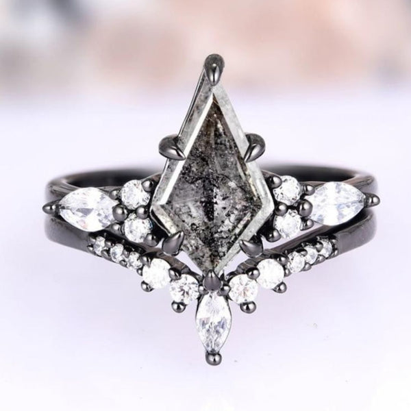Olwenna 1.6 Carat Kite Stackable Salt and Pepper Ring Set in Black Rhodium