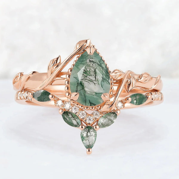 Glariel 1 Carat Pear Stackable Moss Agate Ring Set in 925 Silver