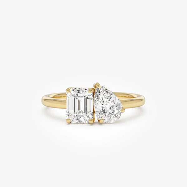 Lab Grown Emerald Cut & Pear Cut Diamond Engagement Ring | 1.50ctw 18k Gold Plated Toi Et Moi Ring | Luxury Wedding Bands for Men and Women | Lab Diamond Rings