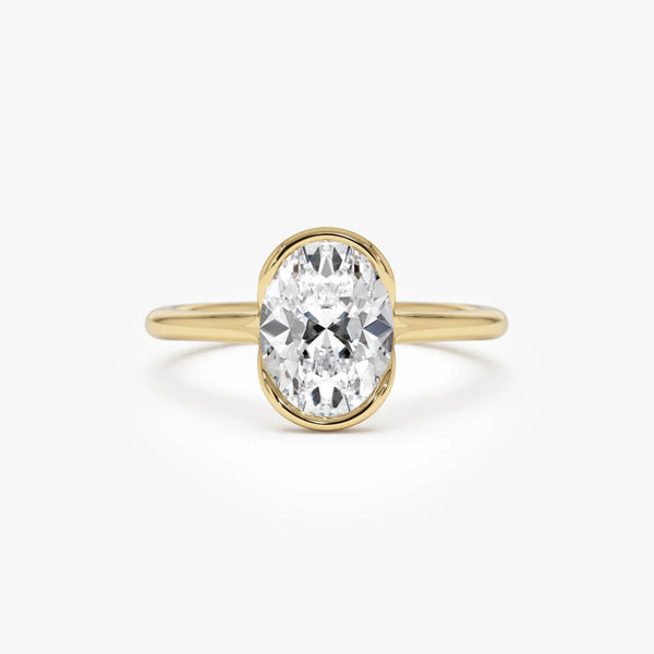 Lab Diamond Oval Cut Solitaire Ring | 1.5ct Oval Lab Grown Diamond & 18k Gold Half Bezel Setting Ring for Women | Engagement, Wedding, Anniversary