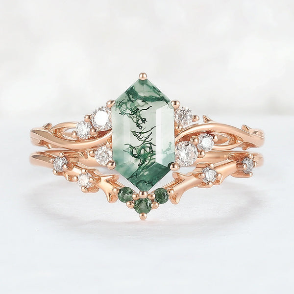 Baralyn 1 Carat Hexagonal Stackable Moss Agate Ring Set in 925 Silver