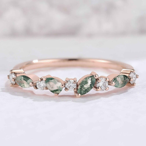 Imariel 0.1 Carat Marquise Half Eternity Moss Agate Band in 925 Silver