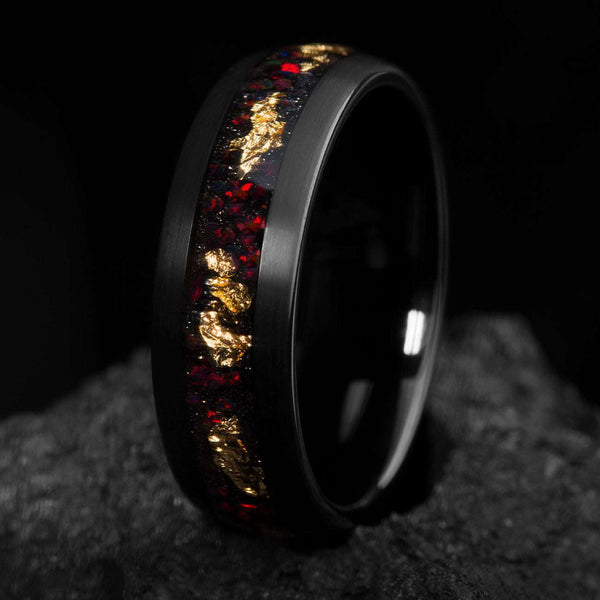 Aureliel black tungsten carbide wedding band with 22k gold leaf and opal accents, 8mm eternity design ring