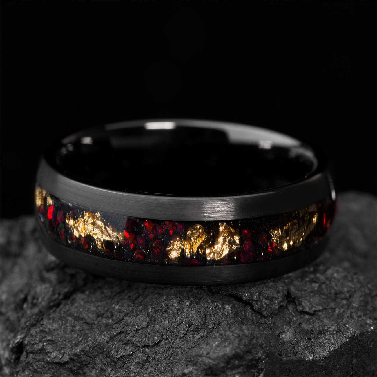 Aureliel black tungsten carbide wedding band with 22k gold leaf and opal accents, 8mm wide eternity design ring