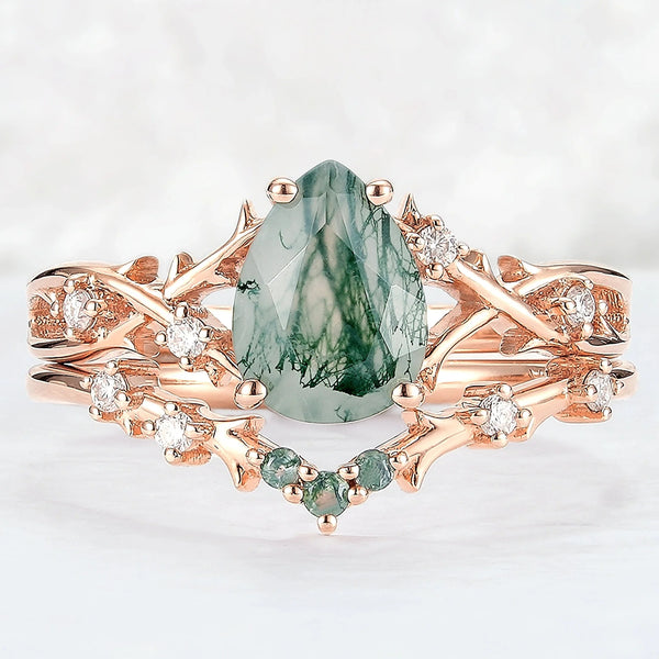Kaldria 1 Carat Pear Stackable Moss Agate Ring Set in 925 Silver