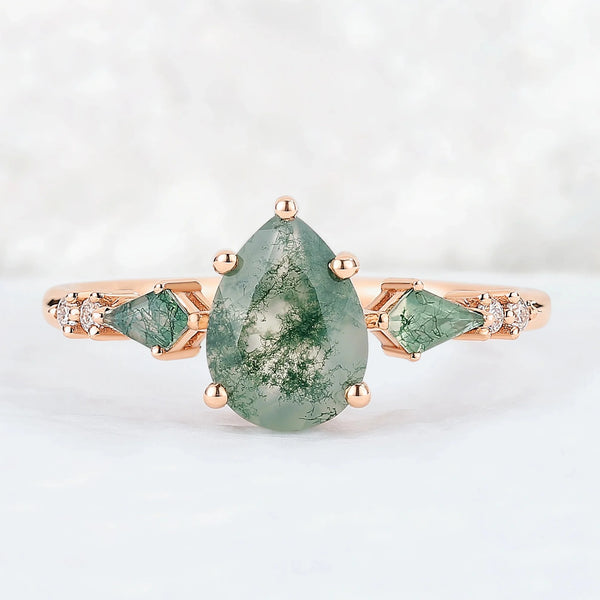 Soraviel 1.3 Carat Pear Three-stone Moss Agate Ring in 925 Silver