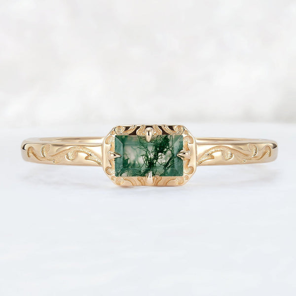 Thirawen 0.5 Carat Baguette Solitaire Moss Agate Ring in 925 Silver