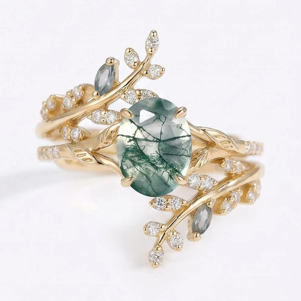 Eldoria 1.5 Carat Oval Stackable Moss Agate Ring Set
