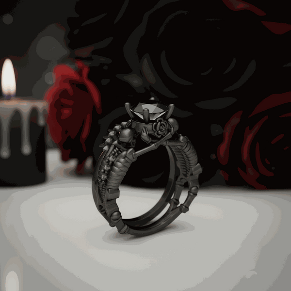 Riselwen 1.5-carat black moissanite gothic engagement ring with skull and rose design