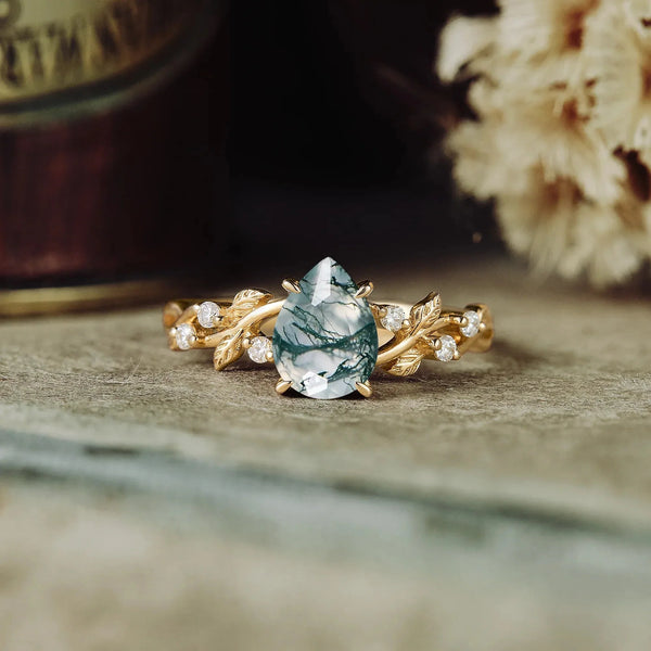 Ylistar 1.2 Carat Pear Solitaire Moss Agate Ring in 18K Yellow Gold