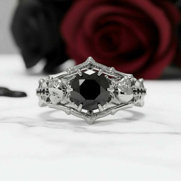 Maerawen solitaire engagement ring with 1.5 ct round black moissanite gemstone and intricate silver band design