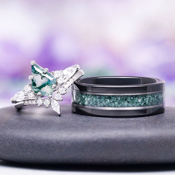 Elowryn 1.5 Carat Kite Stackable Moss Agate Ring Set in 925 Silver