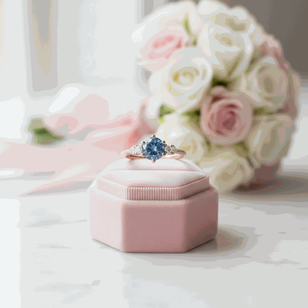 Gloraviel three-stone moissanite engagement ring on pink velvet box with bouquet background
