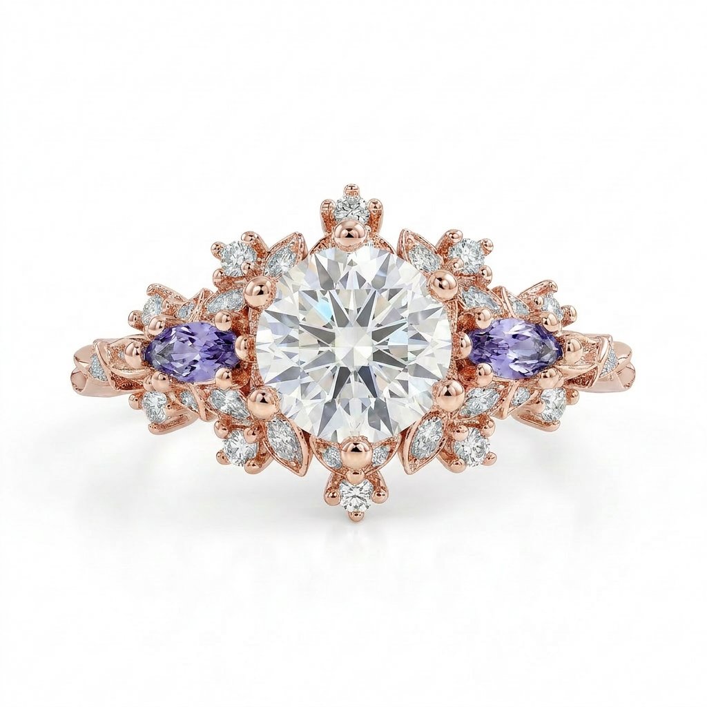 Rilaswen ring with round moissanite center stone and two smaller accent stones in elegant design