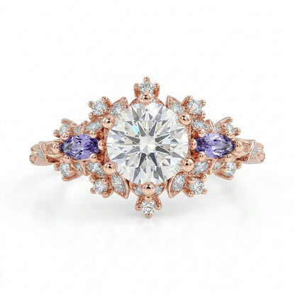 Rilaswen ring with round moissanite center stone and two smaller accent stones in elegant design