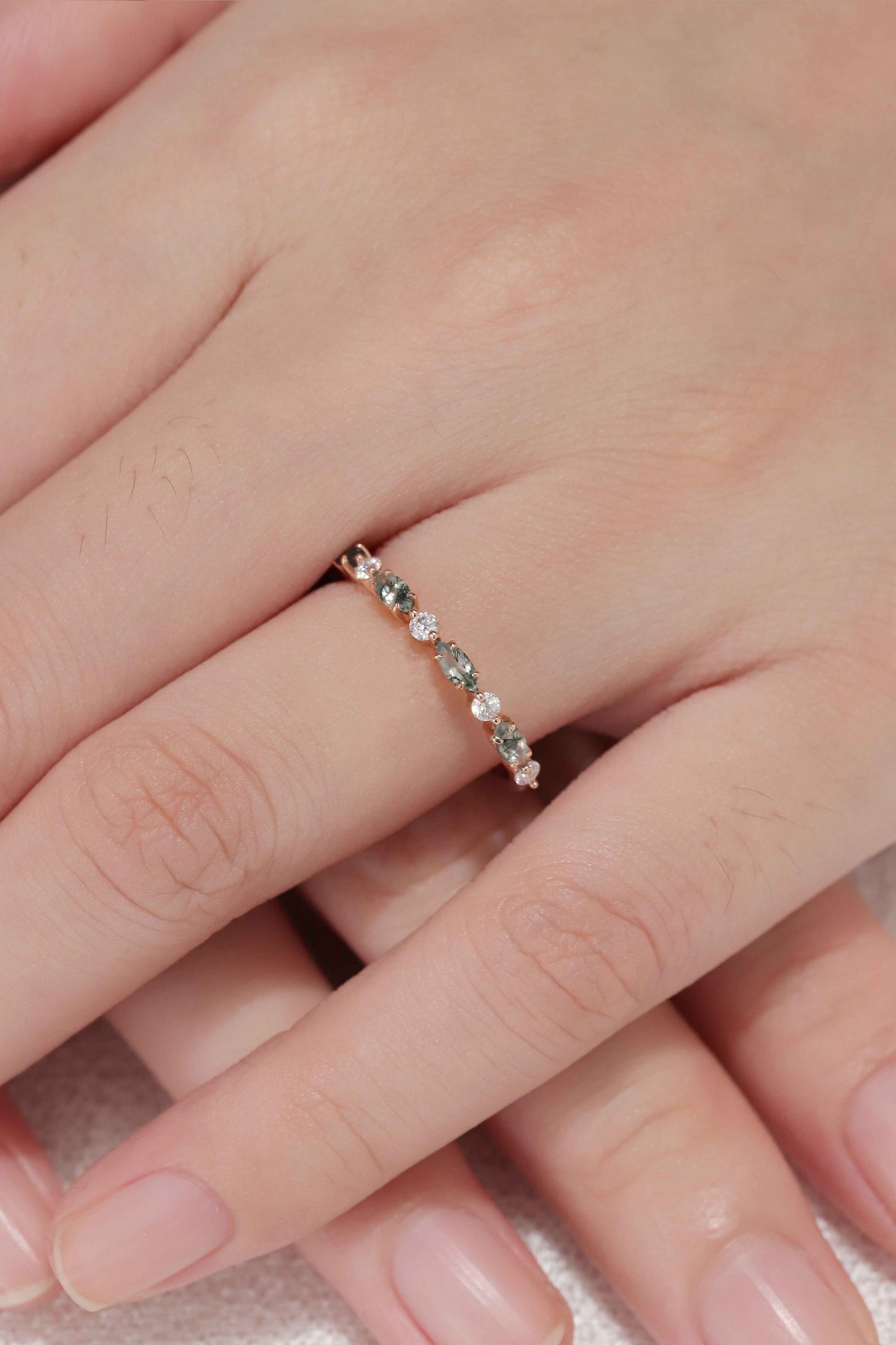 Xaelawen 0.13 Carat Marquise Half Eternity Moss Agate Band in 18K Rose Gold