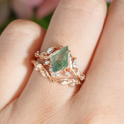 Palariel 1.2 Carat Kite Stackable Moss Agate Ring Set in 925 Silver