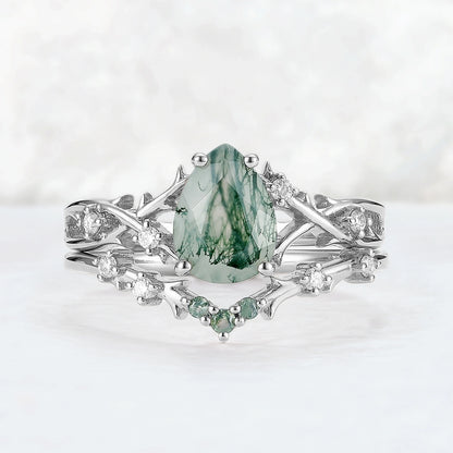 Kaldria 1 Carat Pear Stackable Moss Agate Ring Set in 925 Silver