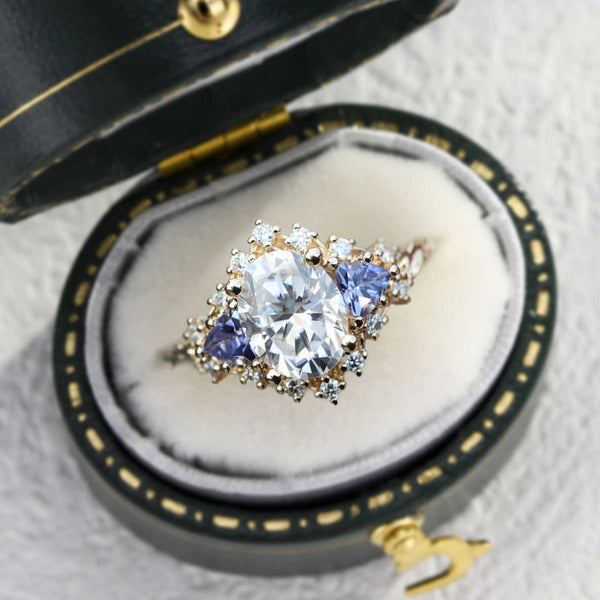 Hestawen ring with 2-carat oval moissanite and halo design in luxury box