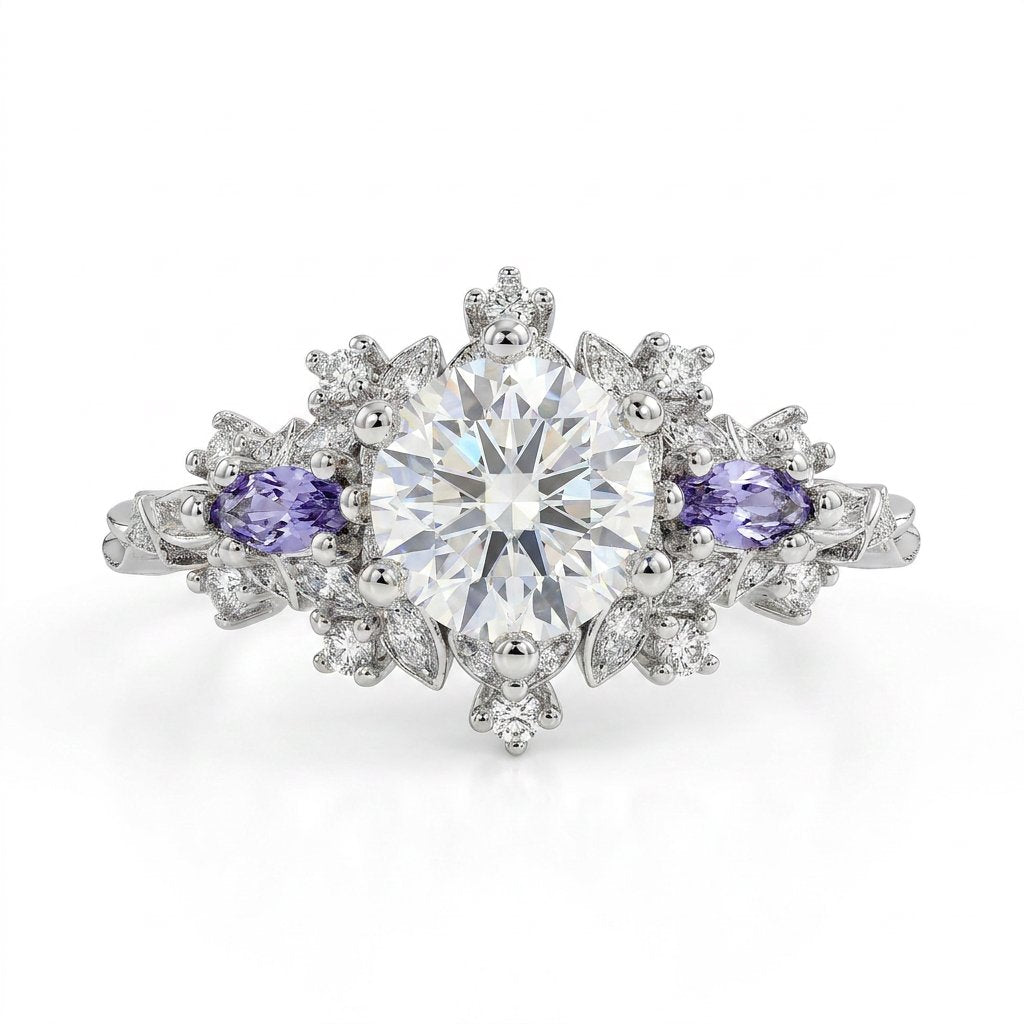 Rilaswen ring with round moissanite center stone and two accent stones on finger