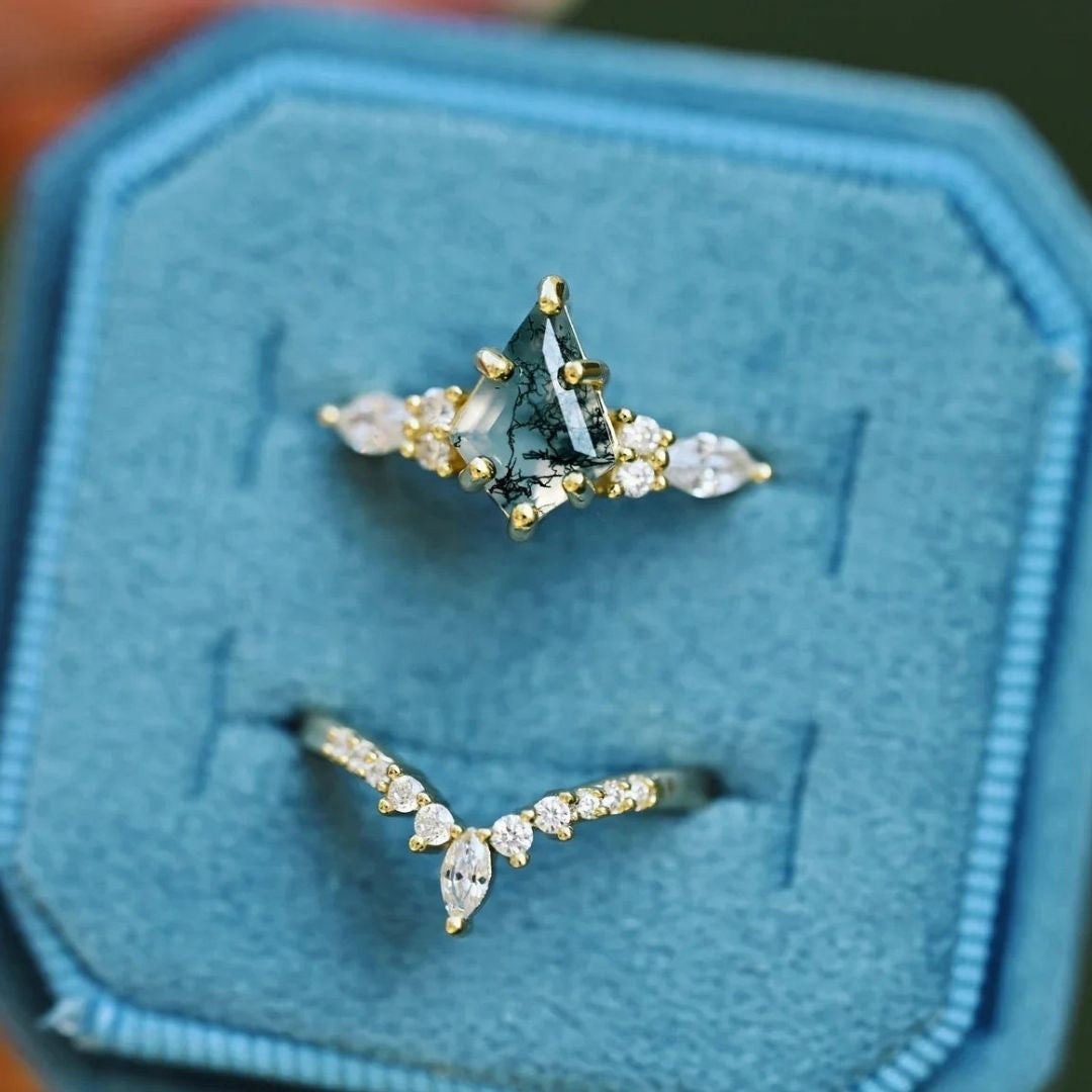 Mariswen 1.4 Carat Kite Stackable Moss Agate Ring Set in 18K Yellow Gold