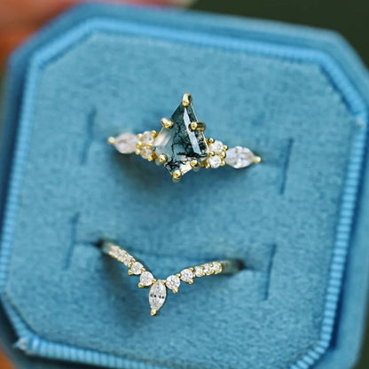 Mariswen 1.4 Carat Kite Stackable Moss Agate Ring Set in 18K Yellow Gold