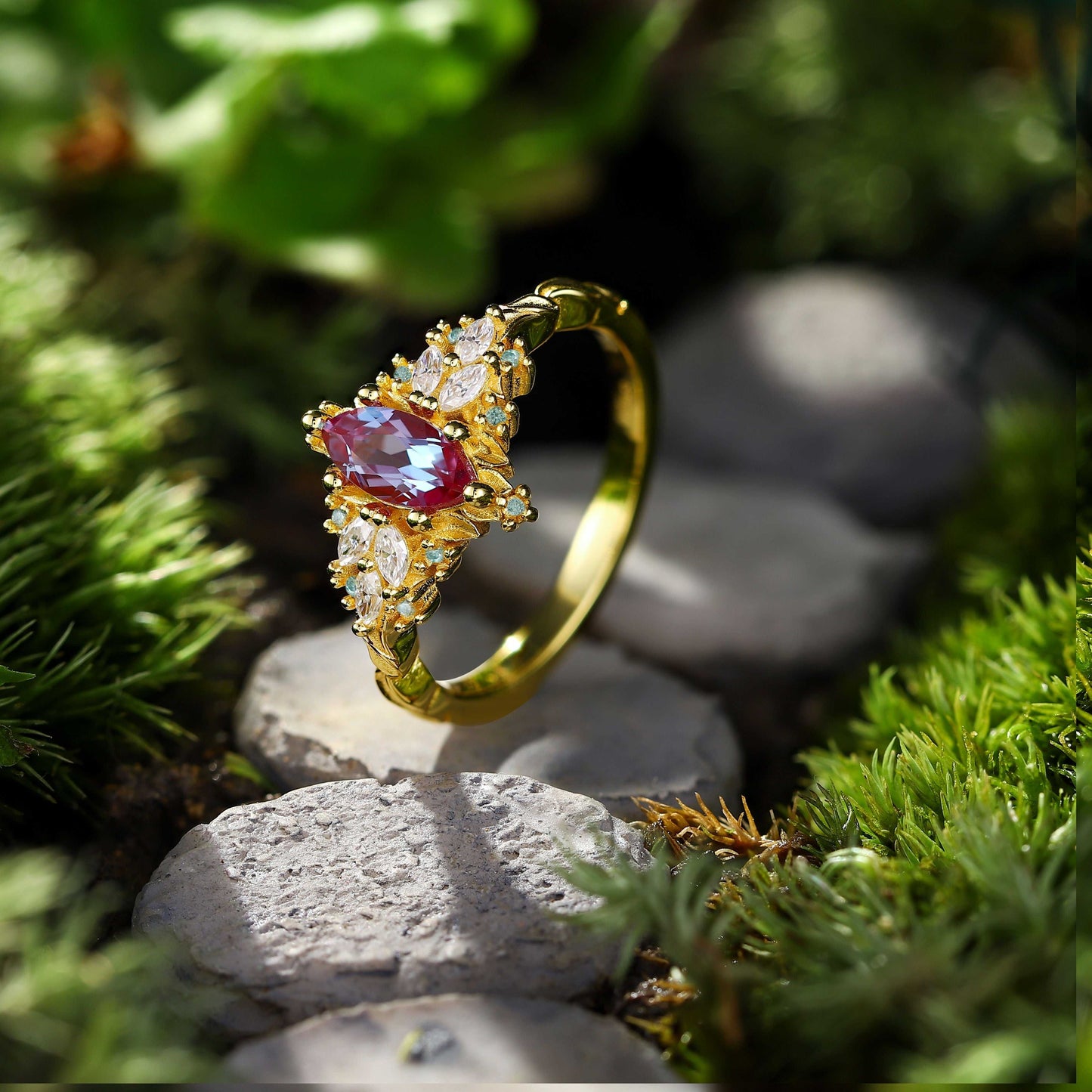 Lysaniel solitaire engagement ring with marquise lab Alexandrite and moissanite side stones on gold band