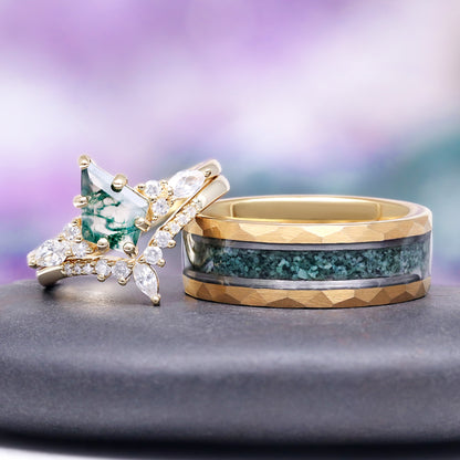 Mariswen 1.4 Carat Kite Stackable Moss Agate Ring Set in 18K Yellow Gold