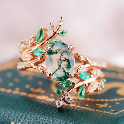 Aevriel 1.4 Carat Oval Stackable Moss Agate Ring Set