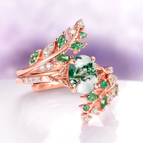 Aevriel 1.4 Carat Oval Stackable Moss Agate Ring Set in 18K Rose Gold