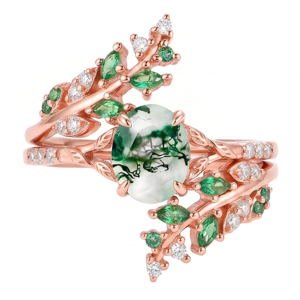 Aevriel 1.4 Carat Oval Stackable Moss Agate Ring Set