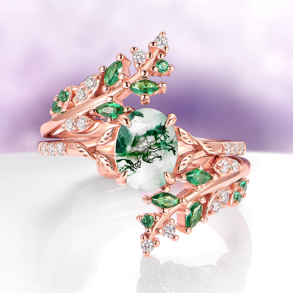 Aevriel 1.4 Carat Oval Stackable Moss Agate Ring Set in 18K Rose Gold