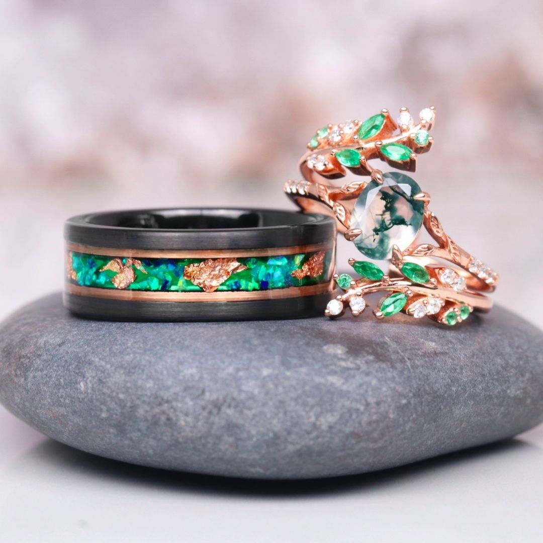 Aevriel 1.4 Carat Oval Stackable Moss Agate Ring Set