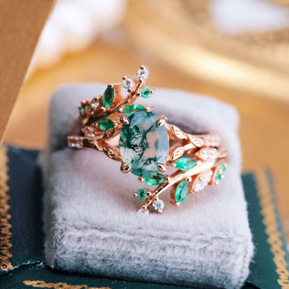 Aevriel 1.4 Carat Oval Stackable Moss Agate Ring Set