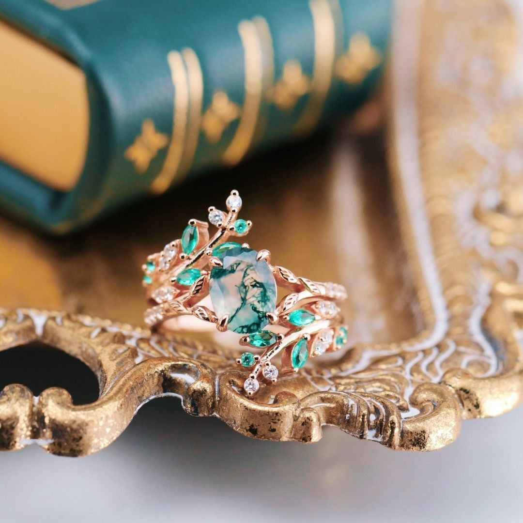 Aevriel 1.4 Carat Oval Stackable Moss Agate Ring Set