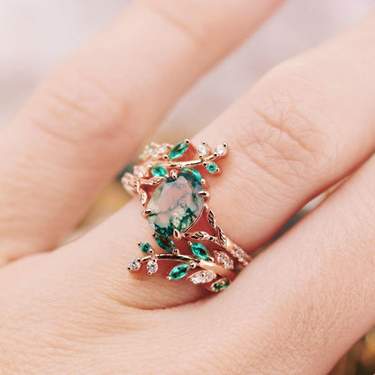 Aevriel 1.4 Carat Oval Stackable Moss Agate Ring Set