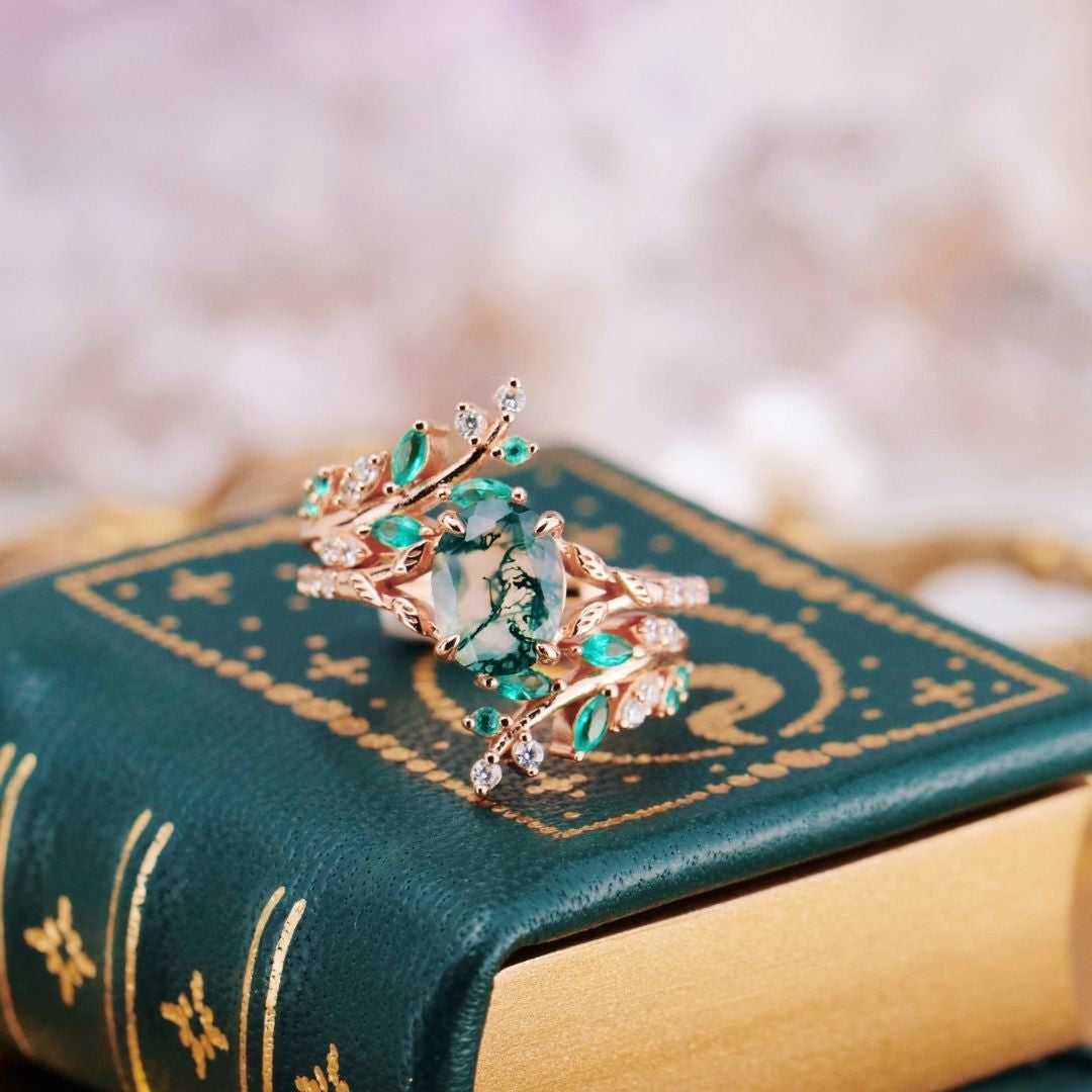 Aevriel 1.4 Carat Oval Stackable Moss Agate Ring Set