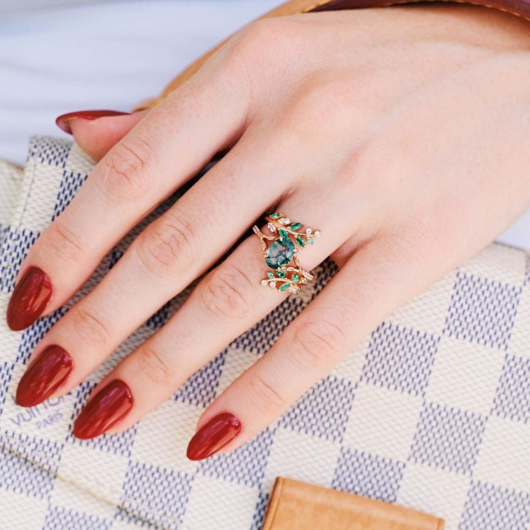 Aevriel 1.4 Carat Oval Stackable Moss Agate Ring Set