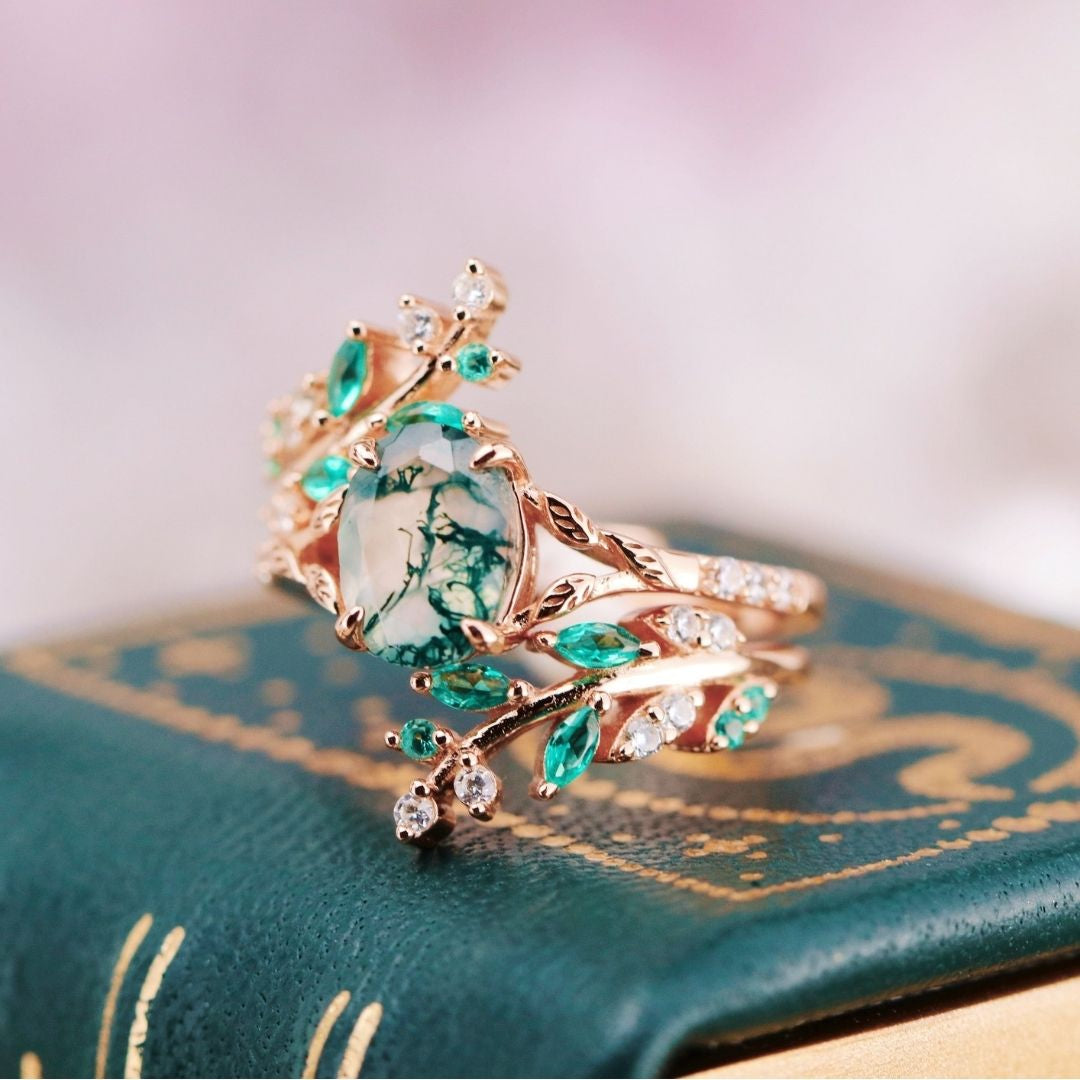 Aevriel 1.4 Carat Oval Stackable Moss Agate Ring Set