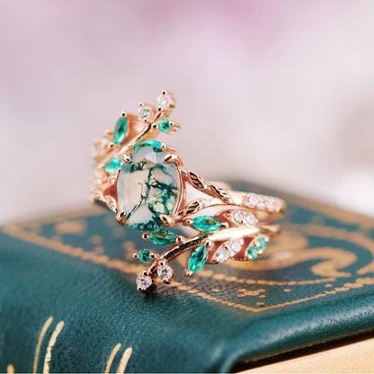 Aevriel 1.4 Carat Oval Stackable Moss Agate Ring Set