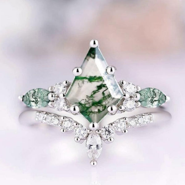 Velindra 1.6 Carat Kite Stackable Moss Agate Ring Set in 925 Silver