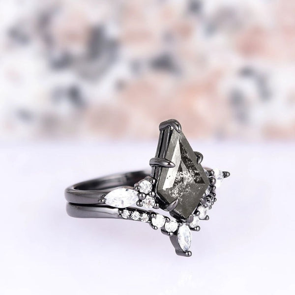 Olwenna 1.6 Carat Kite Stackable Salt and Pepper Ring Set in Black Rhodium