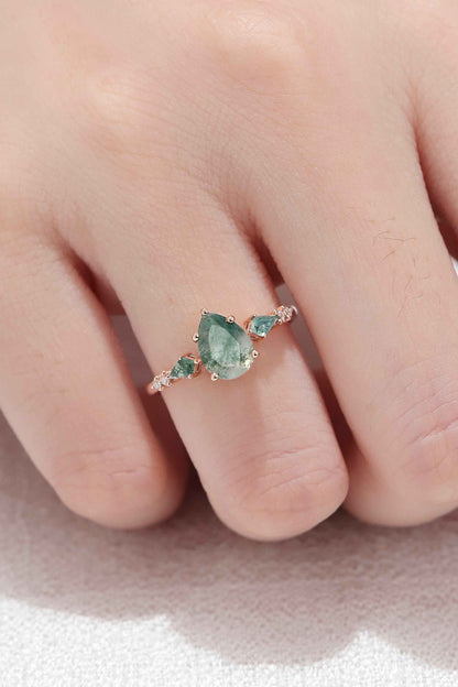 Soraviel 1.3 Carat Pear Three-stone Moss Agate Ring in 925 Silver