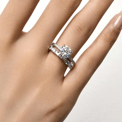 Ysinwen ring with round moissanite stone and pave band on hand