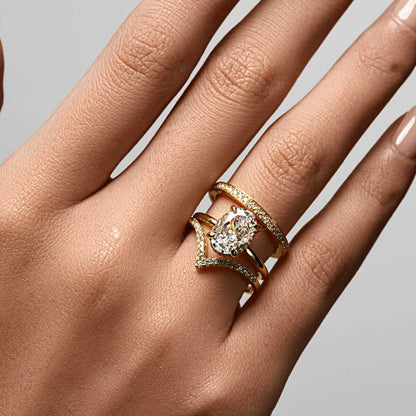 Nolindra solitaire engagement ring with oval Moissanite and pavé hidden halo on hand