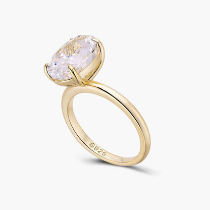 Deus Ring Pherinwen gold solitaire with oval-cut 3-carat moissanite and crushed ice effect