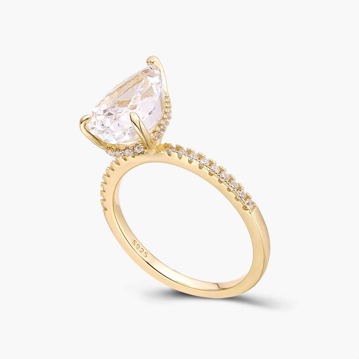 Kylariel pear-shaped moissanite solitaire engagement ring with half pavé and hidden halo in gold