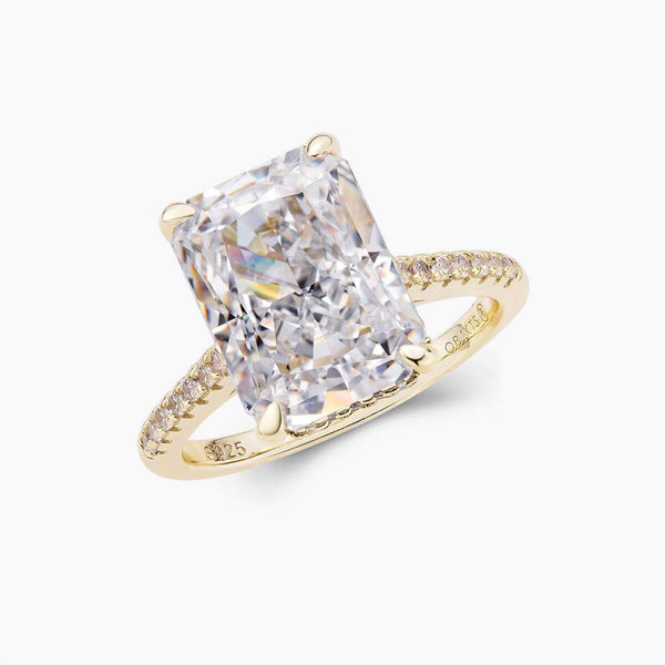 Lethriel solitaire gold ring with 6-carat radiant-cut moissanite and half pavé band