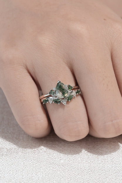 Fethriel 1 Carat Pear Stackable Moss Agate Ring Set in 925 Silver